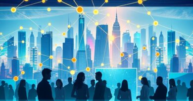 Futurystyczne miasto AI, holograficzne interakcje, różnorodne postacie, symbolizujące demokratyzację wiedzy o sztucznej inteligencji.