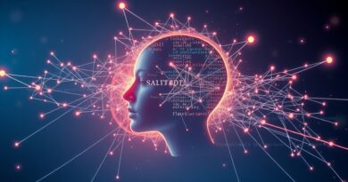 Szyfrowanie danych osobowych AI - Sieć danych w głowie, kod, futurystyczne tło.