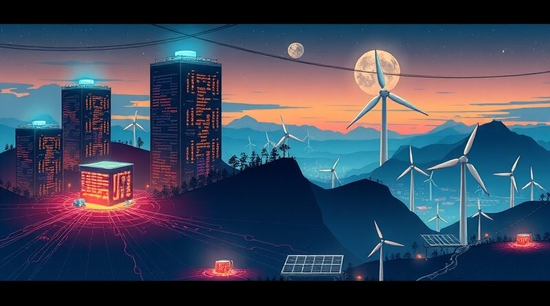 Stylizowany pejzaż: centra danych AI, turbiny wiatrowe i panele słoneczne pod zmierzchowym niebem. Zrównoważony rozwój i technologia.