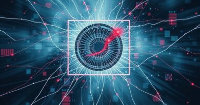 Pęknięty cyfrowy atlas AI: strumienie danych, centralne oko wiedzy i podatności, odcienie niebieskiego, szarości i czerwieni.