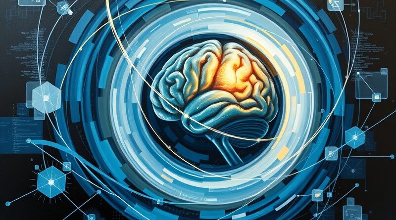 Abstrakcyjna wizja ChatGPT przetwarzającego dane biznesowe: wirujące strumienie informacji tworzą świetlisty mózg.