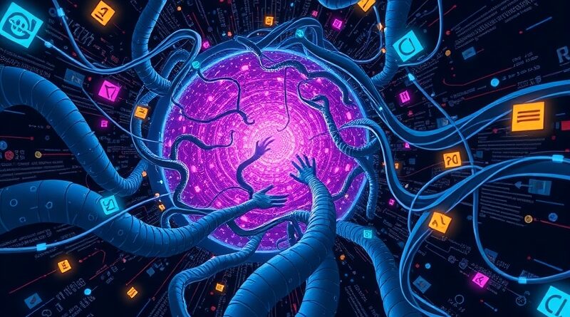 Umysł wciągnięty w cyfrowy wir danych z chatbotu, matematyczne symbole i ludzkie postacie.