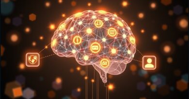 Eteryczna sieć w kształcie mózgu, rozgałęziająca się w ikony aplikacji: e-commerce, podróże, komunikacja.