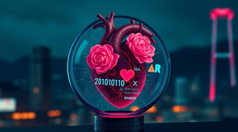 Cyfrowe serce w szklanej kuli, splątane z kodem i neonowymi kwiatami, na cyberpunkowym tle.