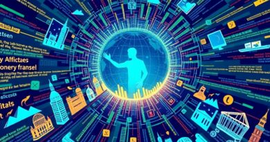 Wirujący kod i tekst tworzą sylwetkę człowieka, łącząc globalną gospodarkę z nowoczesną technologią AI.