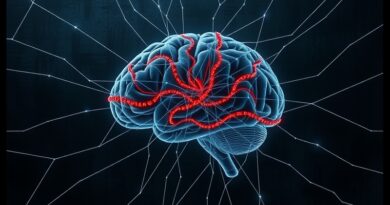 Abstrakcyjny mózg opleciony świecącą cyrylicą. Metafora rosyjskiej propagandy rozpowszechnianej przez AI.