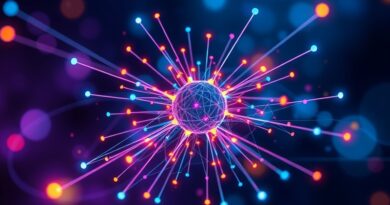 Abstrakcyjna wizualizacja umiejętności Claude'a: sieć połączonych, świetlistych nodów pulsująca inteligencją w kolorach niebieskiego, fioletu i złota.