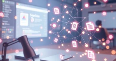 Abstrakcyjna wizualizacja integracji Claude AI ze Slackiem; sieci neuronowe przenikają pastelowe środowisko pracy.