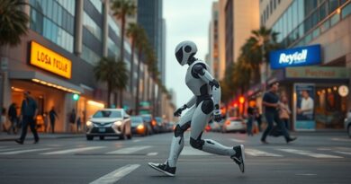 Elegancki robot w Los Angeles, integracja AI w mieście, sieć neuronowa, futurystyczna harmonia Coco Robotics.