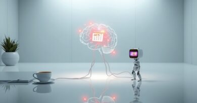 Holograficzny mózg w minimalistycznym biurze symbolizuje automatyzację zadań i rolę AI w zarządzaniu biurem.