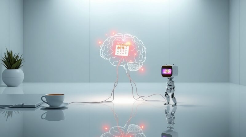 Holograficzny mózg w minimalistycznym biurze symbolizuje automatyzację zadań i rolę AI w zarządzaniu biurem.