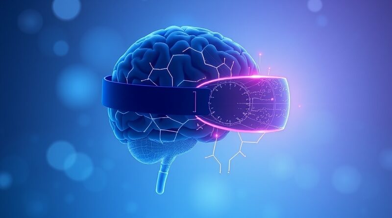 Abstrakcyjna sylwetka mózgu i Apple Vision Pro, połączone świetlistymi neuronami na tle fioletowo-niebieskim.