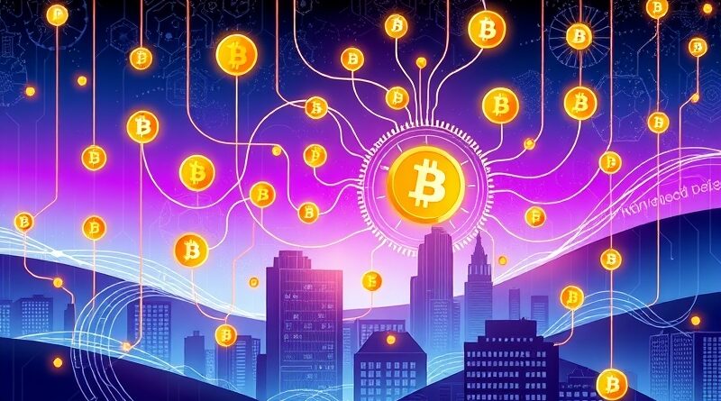 Sieć neuronowa w Art Nouveau/cyberpunk orkiestruje złotymi kryptowalutami nad miastem z obwodów drukowanych. AI i DeFi.