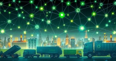 Abstrakcyjna sieć neuronowa nad futurystycznym miastem z odpadami. Inteligencja AI transformuje gospodarkę odpadami, zieleń i błękit kontrastują z szarościami.