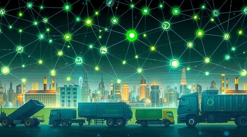 Abstrakcyjna sieć neuronowa nad futurystycznym miastem z odpadami. Inteligencja AI transformuje gospodarkę odpadami, zieleń i błękit kontrastują z szarościami.