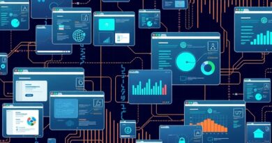 Abstrakcyjna sieć okien przeglądarek z wizualizacjami danych, kodem i elementami AI, symbolizująca integrację i automatyzację pracy.