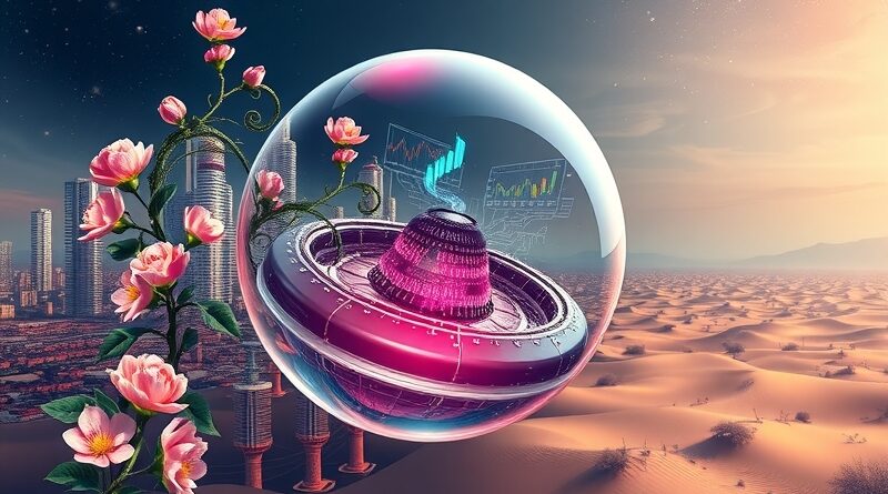 Eteryczna bańka otacza obwód z kwiatami, odbija finanse i kod binarny. AI vs. krach?