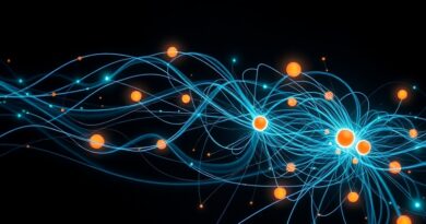 Abstrakcyjna wizualizacja ewolucji kodu: dynamiczne nici, AI, głęboka czerń, intensywne kolory.