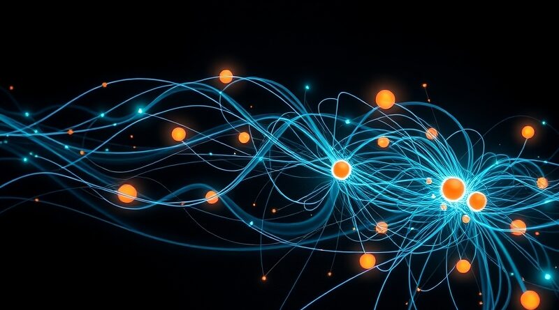 Abstrakcyjna wizualizacja ewolucji kodu: dynamiczne nici, AI, głęboka czerń, intensywne kolory.