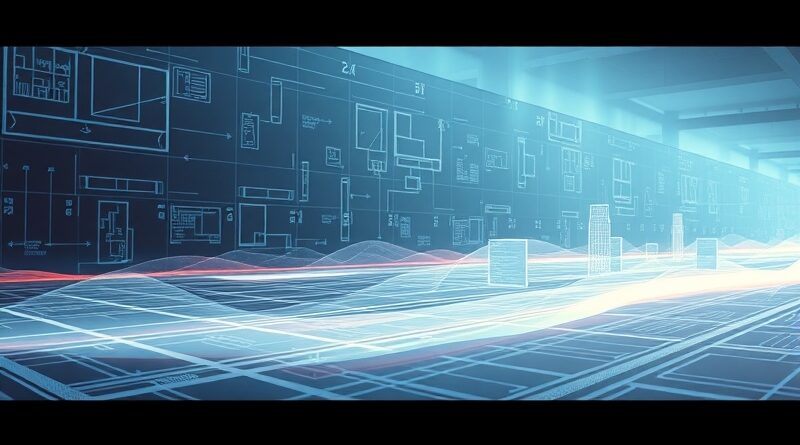 Abstrakcyjny plan cyfrowy, linie kodu splatające się z architekturą, symbolizujący Plan Mode Cursora.