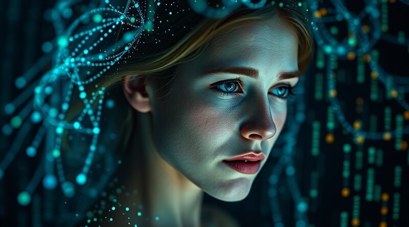 Młoda aktorka rozpływająca się w sieci kodu; piękno i technologia w melancholijnym, cyfrowym portrecie.