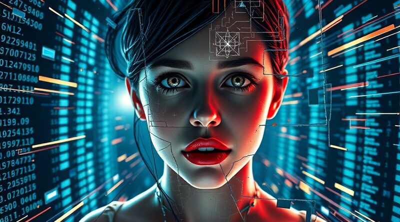 Surrealistyczny portret aktorki AI wyłaniającej się z pękniętego ekranu, wyrażającej emocje.