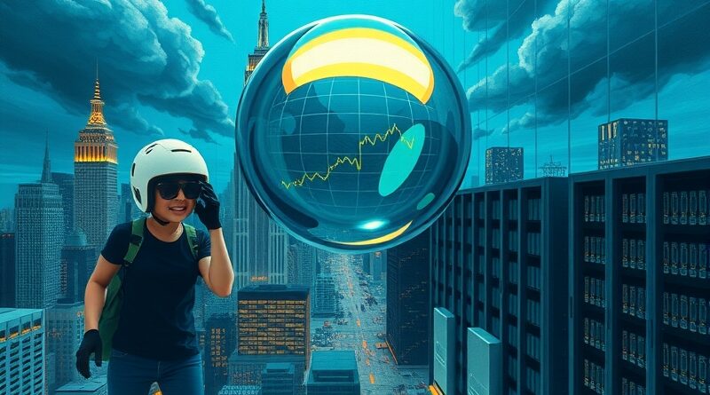 Surrealistyczny pejzaż miejski z chipów i serwerów, iryzująca bańka z symbolami dolara i wykresami giełdowymi.