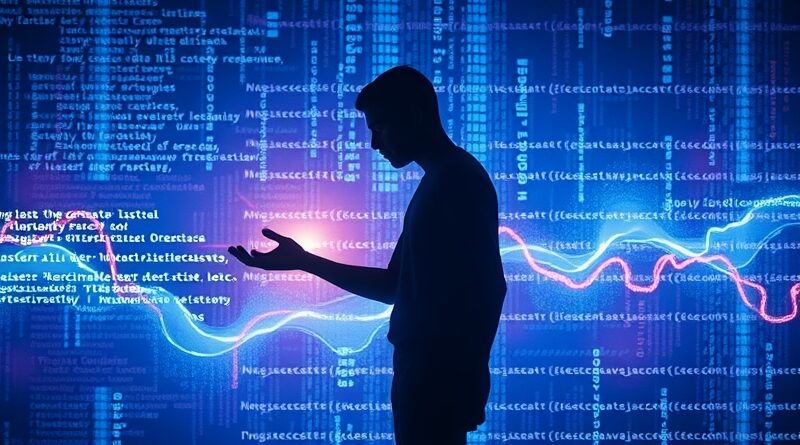 Sylwetka postaci na tle ekranu z płynącym kodem. Technologia, intymność, tajemnica, błękity, fiolety, anonimowość.