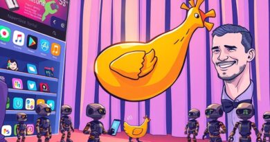 Złoty udko kurczaka triumfalnie wznosi się nad miniaturkami AI w App Store, Drake uśmiecha się zza pikseli.