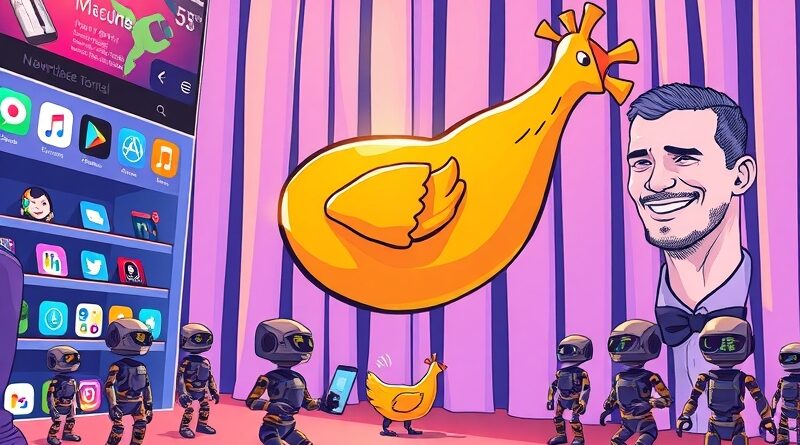 Złoty udko kurczaka triumfalnie wznosi się nad miniaturkami AI w App Store, Drake uśmiecha się zza pikseli.