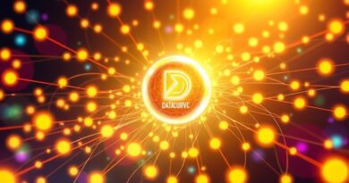 Futurystyczna sieć danych z Datacurve w centrum, symbolizująca pozyskiwanie danych dla AI. Bounty hunter nagroda.