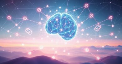 Abstrakcyjna sieć agentów AI połączonych kodem, z mózgiem symbolizującym planowanie i pamięć.