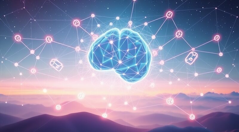 Abstrakcyjna sieć agentów AI połączonych kodem, z mózgiem symbolizującym planowanie i pamięć.