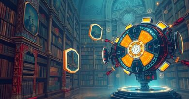 Futurystyczna maszyna kompresuje strony biblioteki do świetlistych tokenów, alchemia wiedzy.