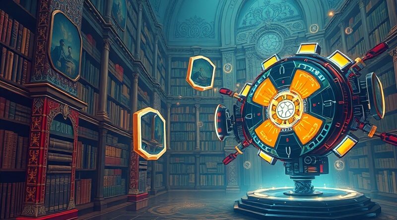 Futurystyczna maszyna kompresuje strony biblioteki do świetlistych tokenów, alchemia wiedzy.