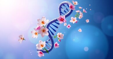 Podwójna helisa DNA z kwiatami, symbolizuje precyzyjną identyfikację mutacji nowotworowych przez AI DeepSomatic Google.