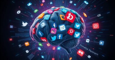 Abstrakcyjny cyfrowy mózg rozpadający się pod wpływem chaosu ikon social media i fragmentów tekstu. Neonowe akcenty, cyfrowy rozkład.