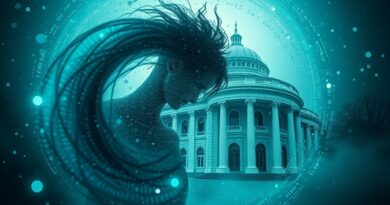 Wirujące dane w odcieniach szmaragdu i szafiru tworzą rozmazaną sylwetkę, glitchujący budynek Deloitte w tle.