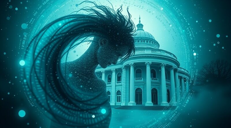 Wirujące dane w odcieniach szmaragdu i szafiru tworzą rozmazaną sylwetkę, glitchujący budynek Deloitte w tle.