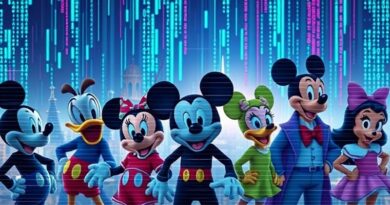 Postacie Disneya zanikające w cyfrowym szumie, symbol sporu Disneya z Character.AI.