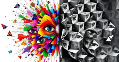 Abstrakcyjne starcie: chaos barw vs. uporządkowana geometria. Symbolika różnic w percepcji AI i człowieka.