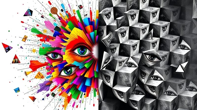 Abstrakcyjne starcie: chaos barw vs. uporządkowana geometria. Symbolika różnic w percepcji AI i człowieka.