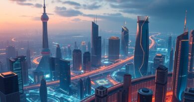 Surrealistyczna metropolia AI: organiczne budynki mieszają się z obwodami, strumienie danych i blask sieci neuronowych.