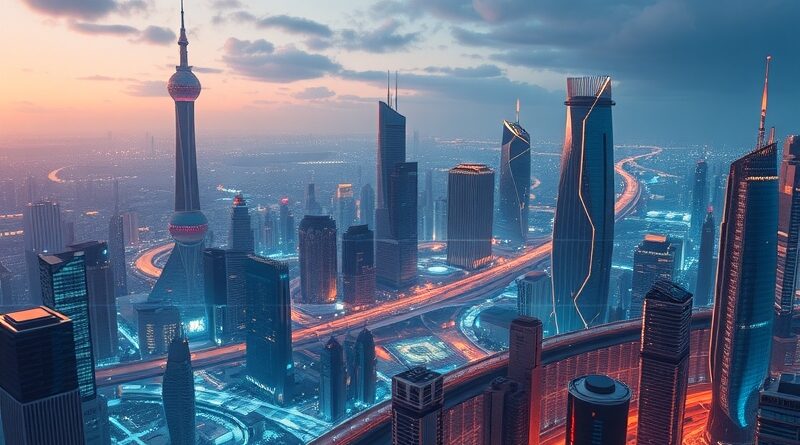 Surrealistyczna metropolia AI: organiczne budynki mieszają się z obwodami, strumienie danych i blask sieci neuronowych.