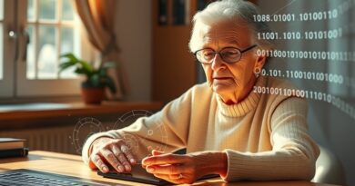 Starsza kobieta uczy się AI, holograficzne schematy, blask wiedzy, połączenie pokoleń i technologii.