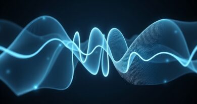 Splatające się fale dźwiękowe i struny głosowe, perfekcyjnie wystudiowane, symbolizujące produkcję mowy AI.