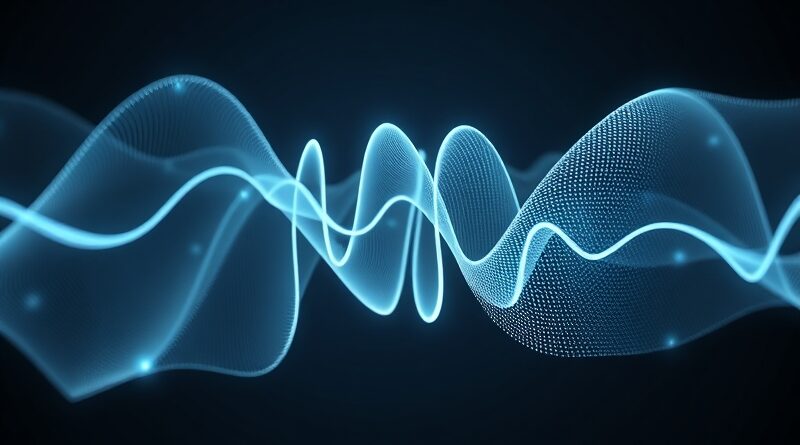 Splatające się fale dźwiękowe i struny głosowe, perfekcyjnie wystudiowane, symbolizujące produkcję mowy AI.