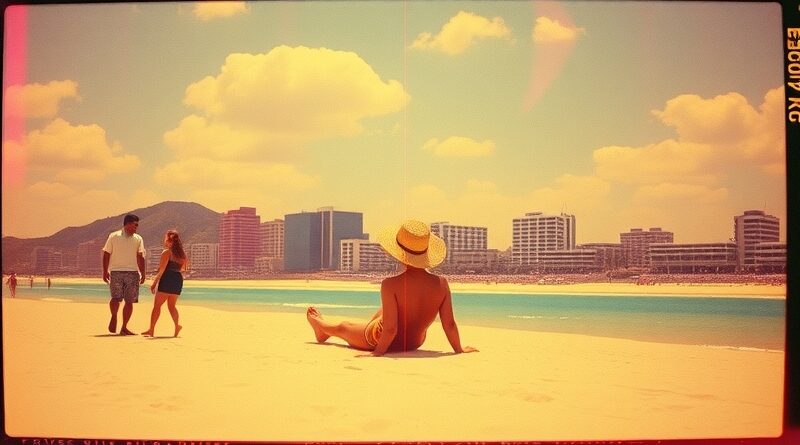 Stylizowana fotografia wakacyjna w stylu retro, z elementami surrealistycznymi i glitchami AI. Nostalgiczna, wygenerowana wizja syntetycznego lata.