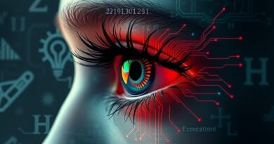 Oko przekształcające się w cyfrową płytę, symbolizujące połączenie percepcji i sztucznej inteligencji w edukacji.