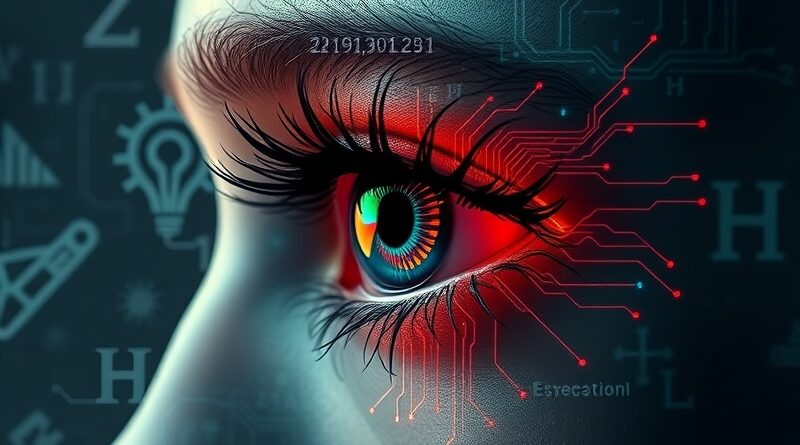 Oko przekształcające się w cyfrową płytę, symbolizujące połączenie percepcji i sztucznej inteligencji w edukacji.